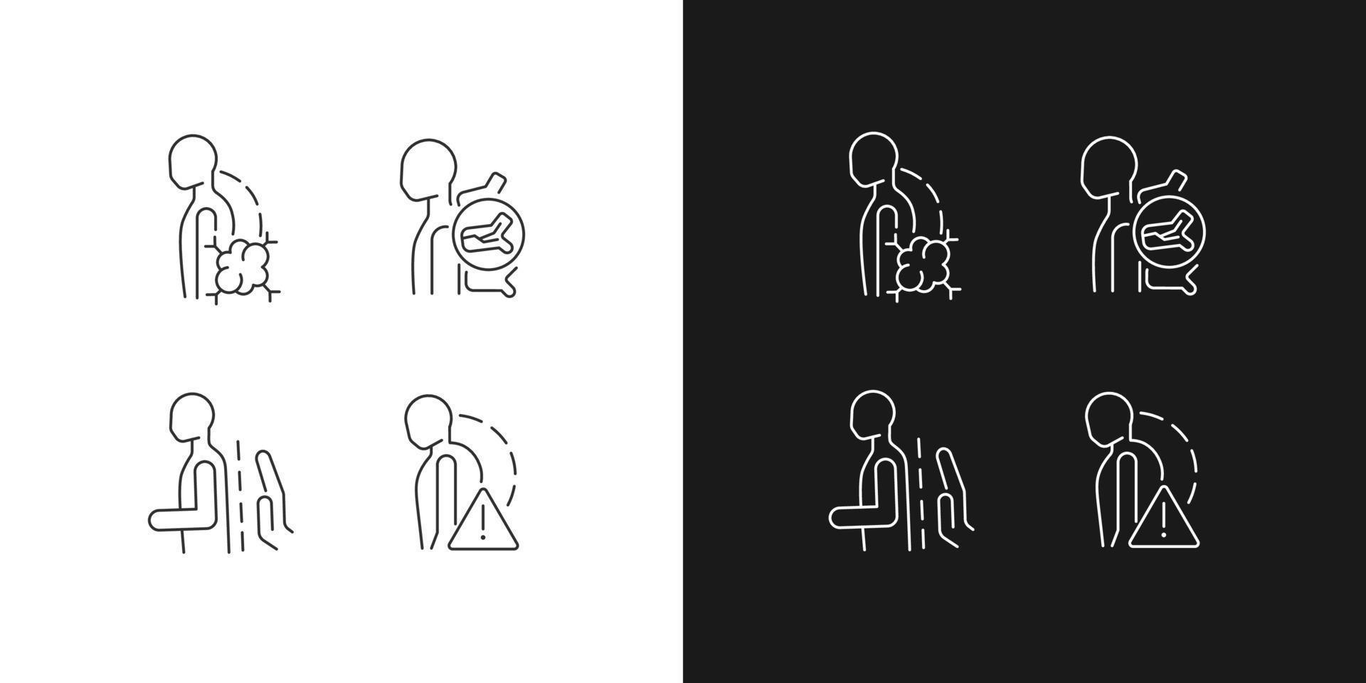 Spinal problems linear icons set for dark and light mode. Backbone diseases and traumas. Pathologic scoliosis. Customizable thin line symbols. Isolated vector outline illustrations. Editable stroke