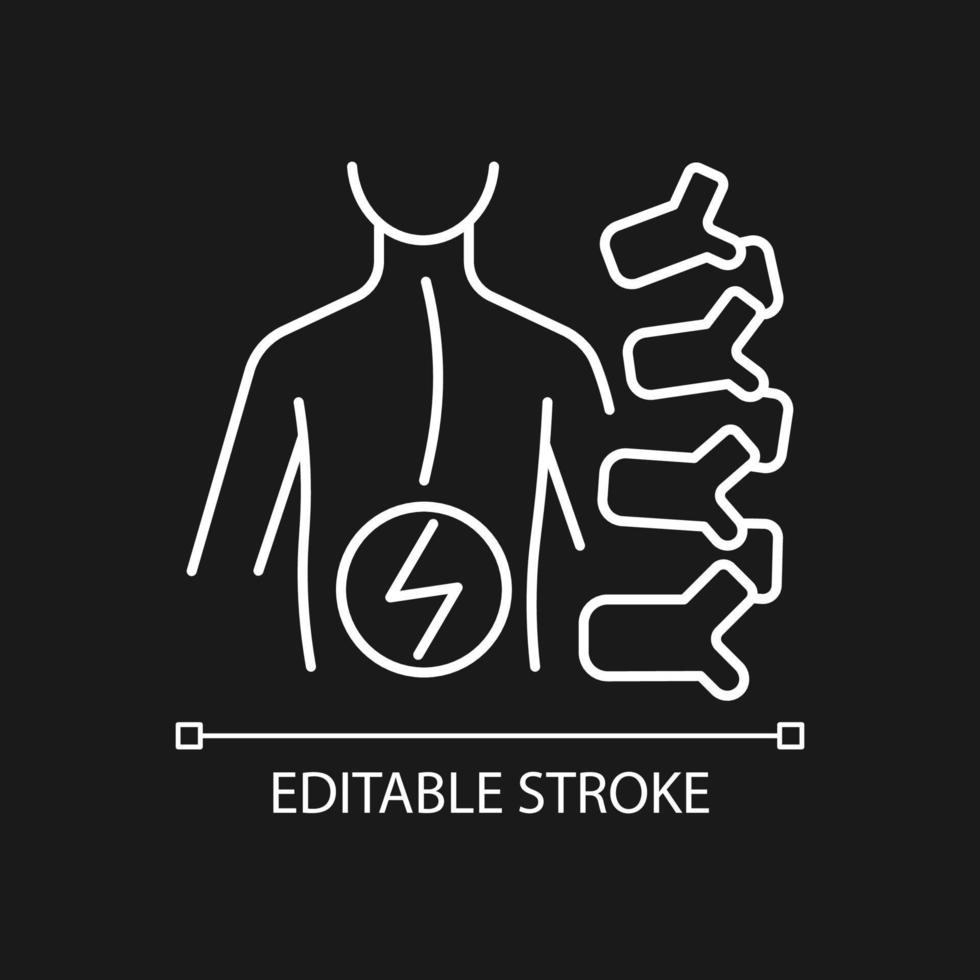 Degenerative scoliosis white linear icon for dark theme. Adult onset scoliosis. Spine curvature. Thin line customizable illustration. Isolated vector contour symbol for night mode. Editable stroke