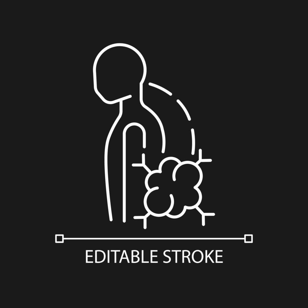 Pathologic scoliosis white linear icon for dark theme. Benign bone tumor. Spine sideways deviation. Thin line customizable illustration. Isolated vector contour symbol for night mode. Editable stroke