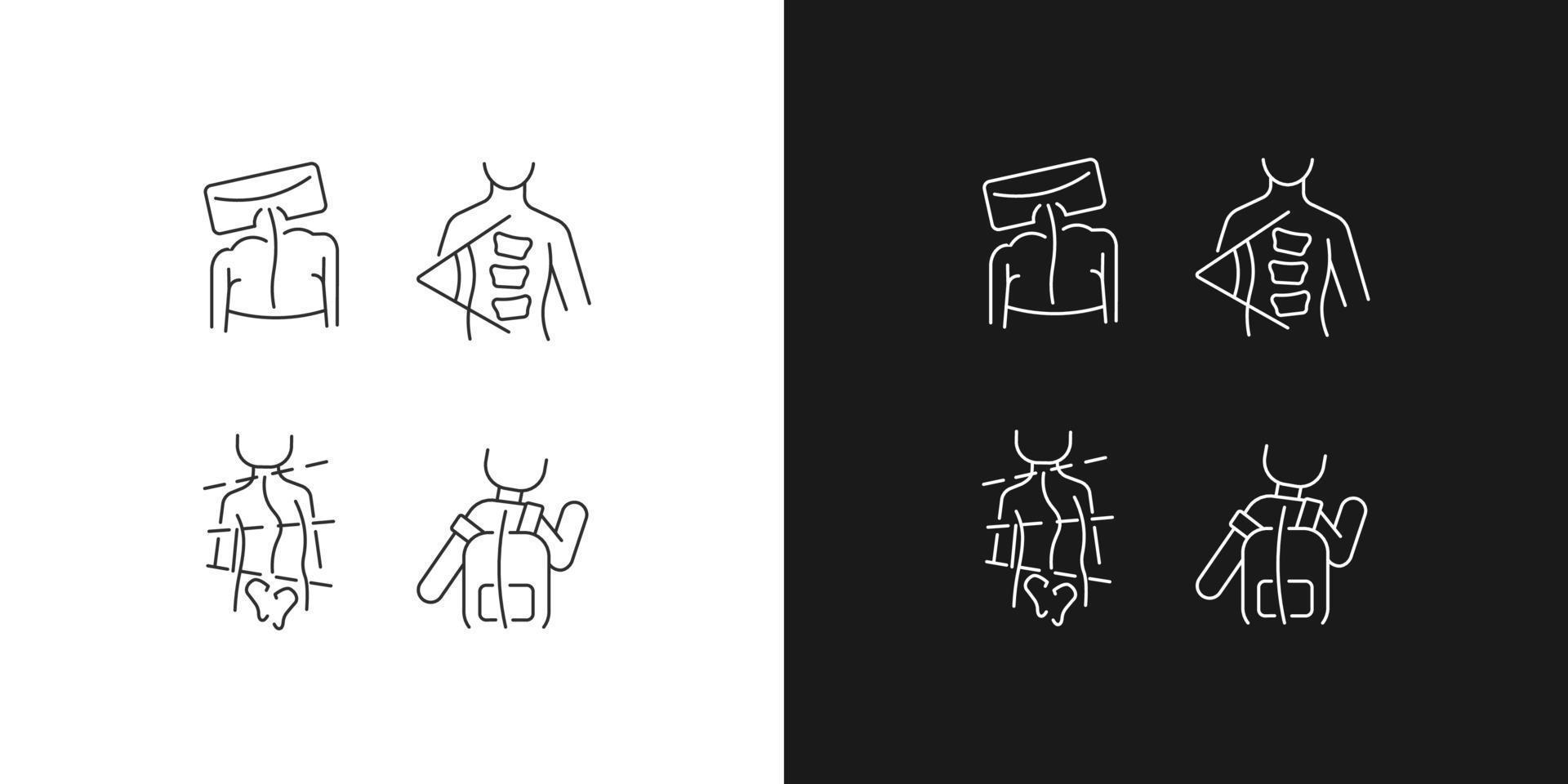 Spine curvature measure linear icons set for dark and light mode. Cobb angle. Spinal curve testing method. Customizable thin line symbols. Isolated vector outline illustrations. Editable stroke
