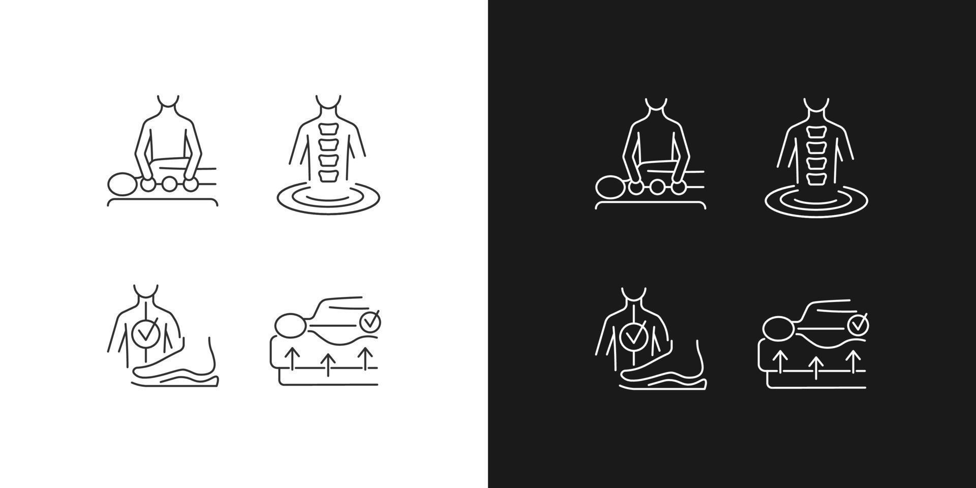 Spine problems prevention linear icons set for dark and light mode. Manual therapy. Orthopedic spine mattress. Customizable thin line symbols. Isolated vector outline illustrations. Editable stroke