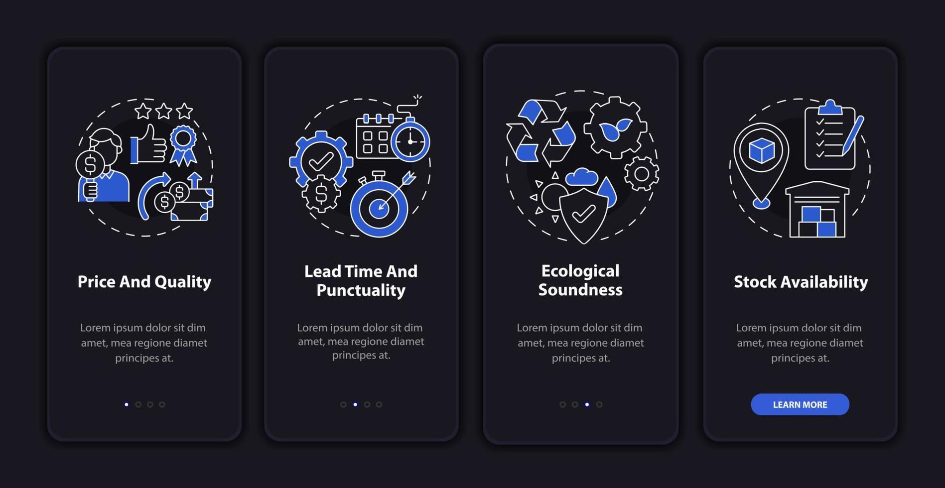 Operations management metrics dark onboarding mobile app page screen. Control walkthrough 4 steps graphic instruction with concept. UI, UX, GUI vector template with night mode illustrations