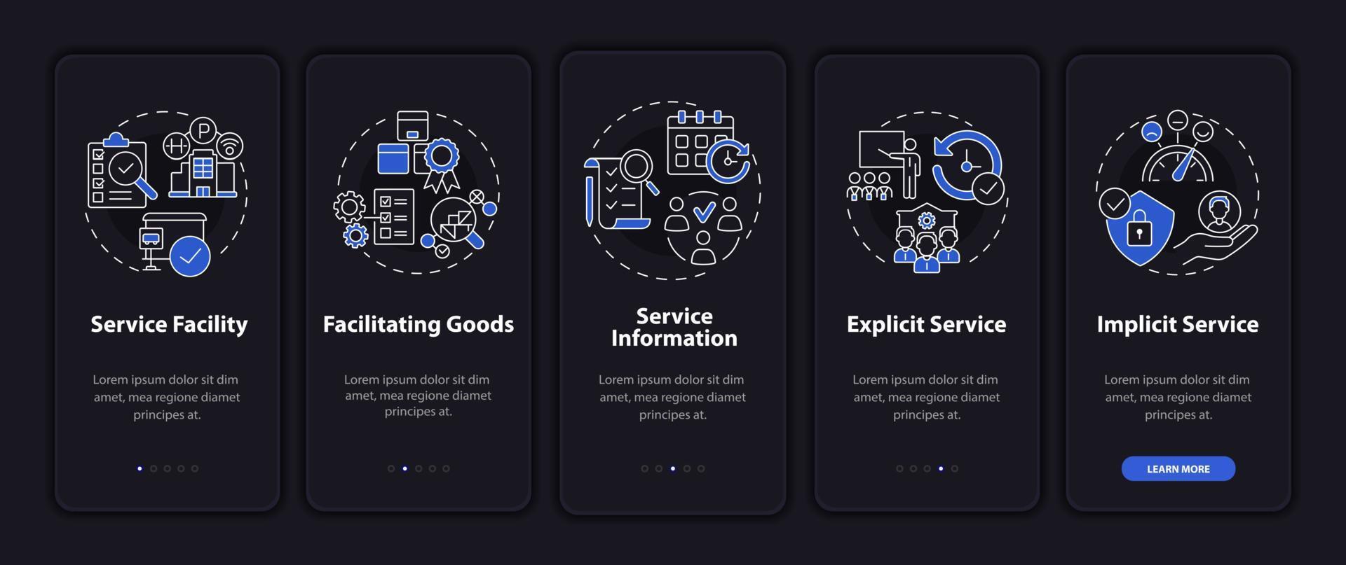 características del servicio pantalla de la página de la aplicación móvil de incorporación oscura. Tutorial de administración de operaciones Instrucciones gráficas de 5 pasos con conceptos. ui, ux, plantilla vectorial gui con ilustraciones en modo nocturno vector