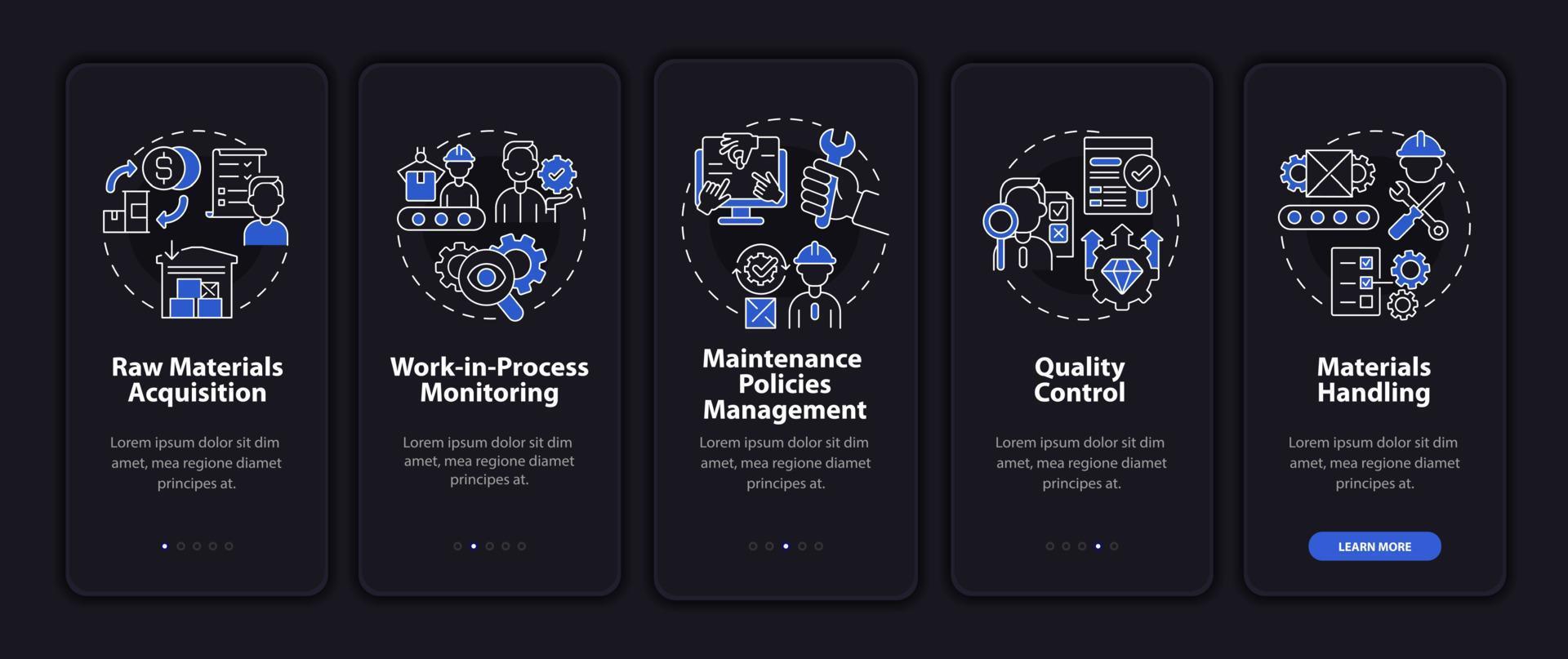 Operations managers duties dark onboarding mobile app page screen. Business walkthrough 5 steps graphic instructions with concepts. UI, UX, GUI vector template with night mode illustrations