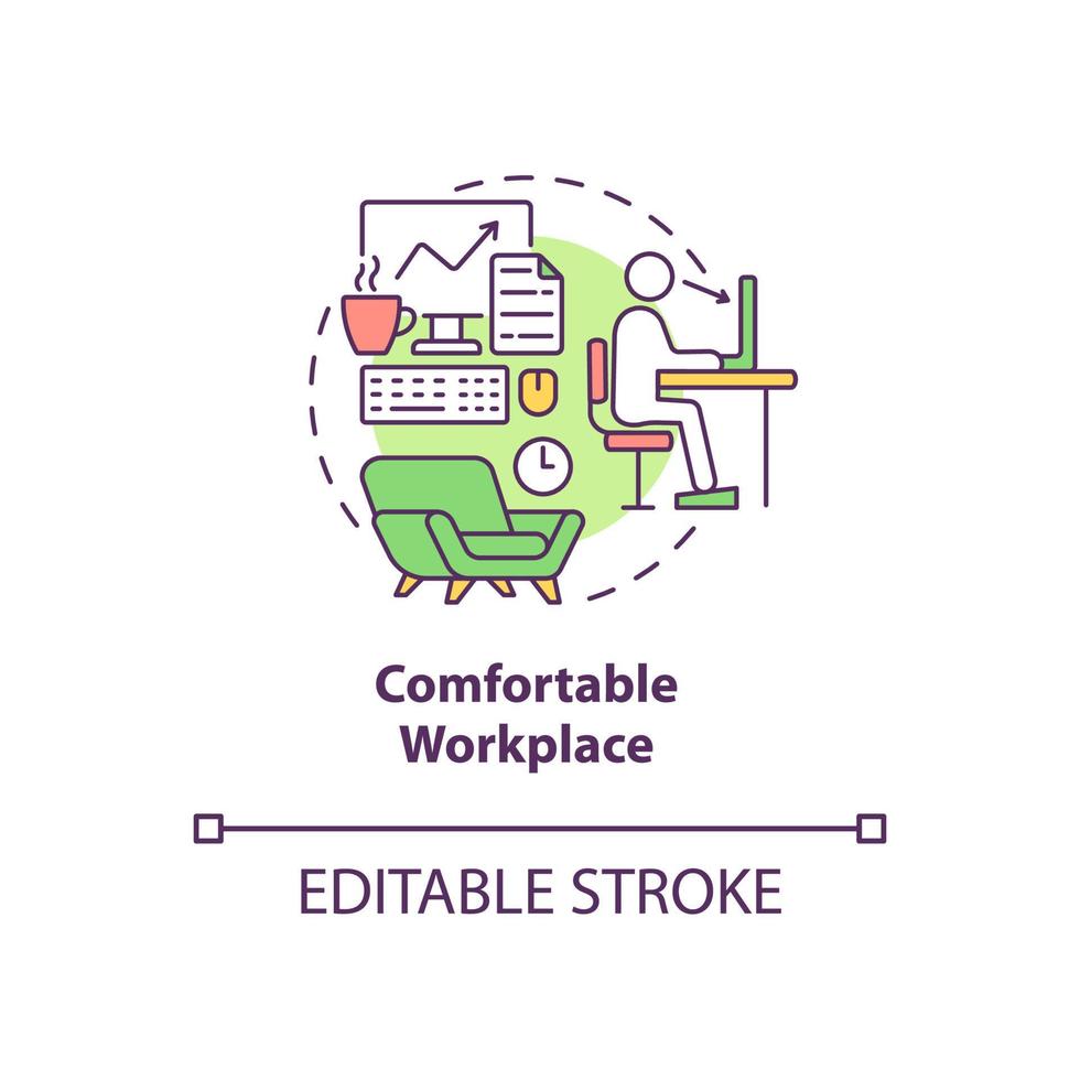 Comfortable workspace concept icon. Employee perks abstract idea thin line illustration. Workspace environment. Work benefits. Vector isolated outline color drawing. Editable stroke