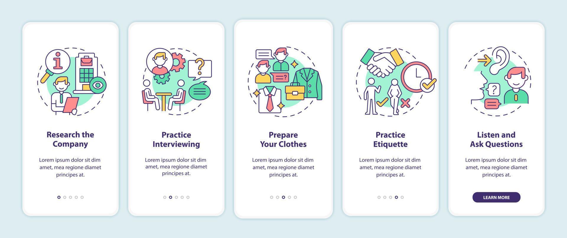Preparing for job interview onboarding mobile app page screen. Practice walkthrough 5 steps graphic instructions with concepts. UI, UX, GUI vector template with linear color illustrations