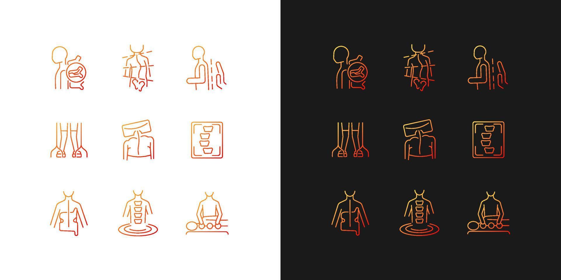 Scoliosis diagnostics gradient icons set for dark and light mode. Spinal bones problems. Thin line contour symbols bundle. Isolated vector outline illustrations collection on black and white