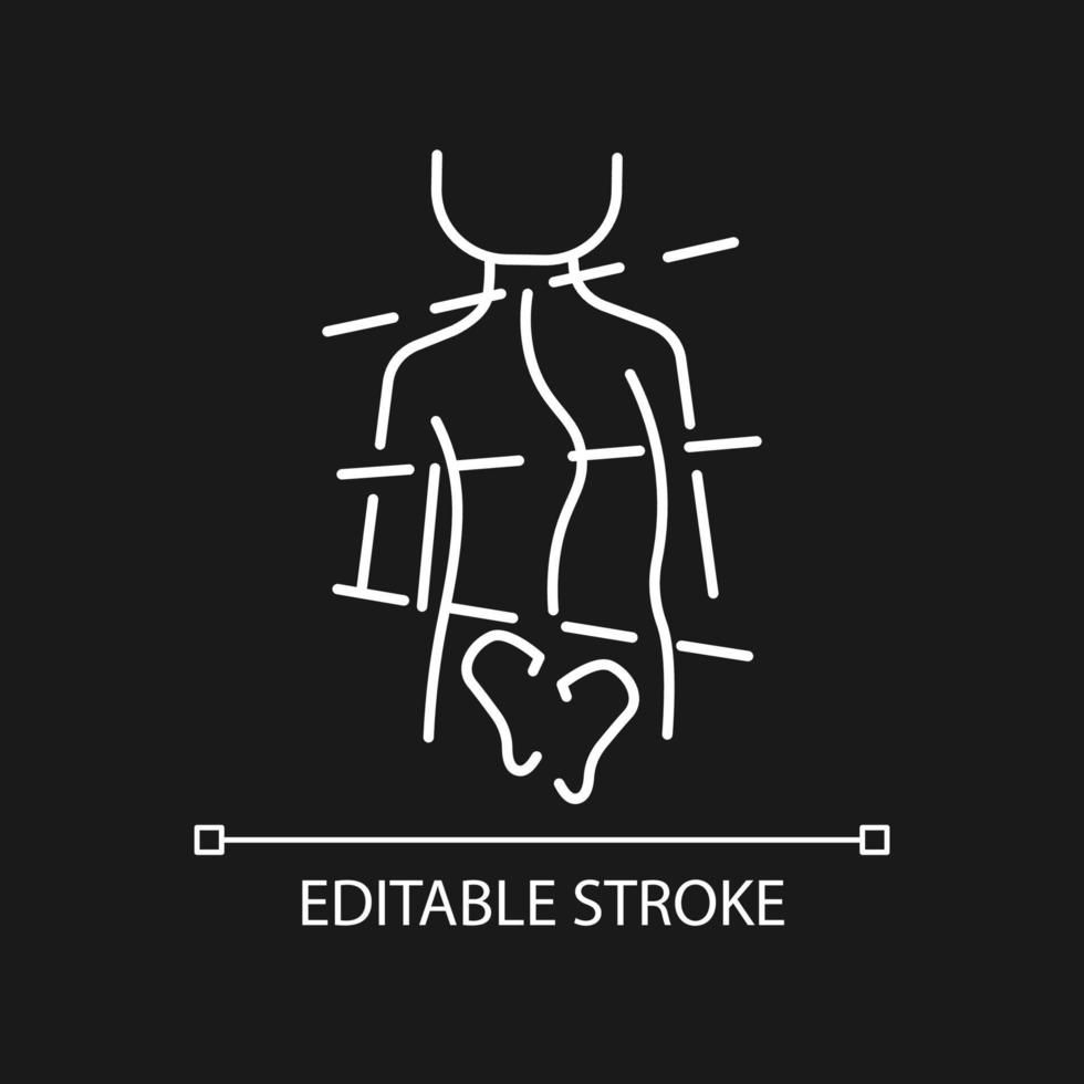 Idiopathic scoliosis white linear icon for dark theme. Spine abnormal curve. Backbone deformation. Thin line customizable illustration. Isolated vector contour symbol for night mode. Editable stroke