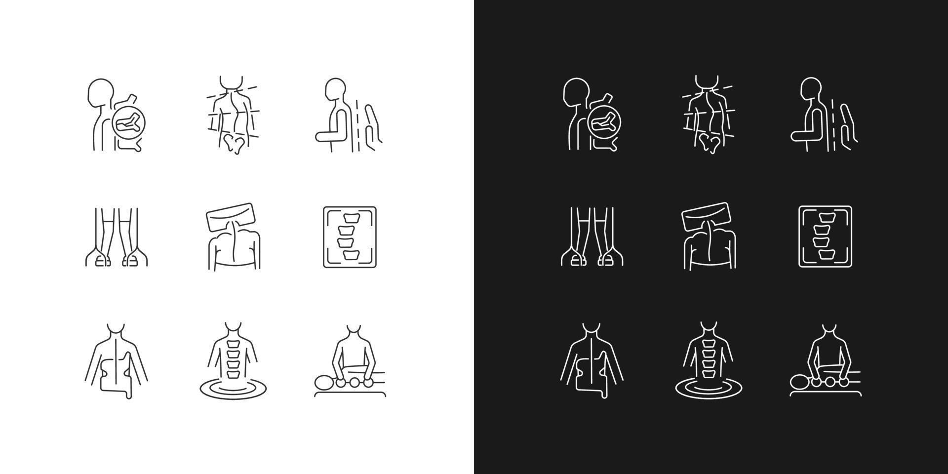 Scoliosis diagnostics linear icons set for dark and light mode. Spinal bones problems. Correction methods. Customizable thin line symbols. Isolated vector outline illustrations. Editable stroke