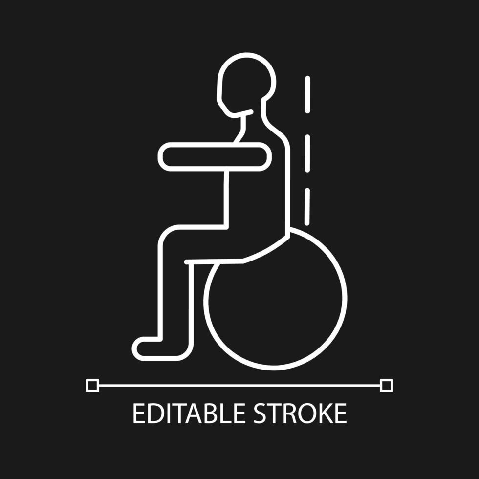 Gym ball exercises white linear icon for dark theme. Scoliosis prevention. Body strengthening. Thin line customizable illustration. Isolated vector contour symbol for night mode. Editable stroke