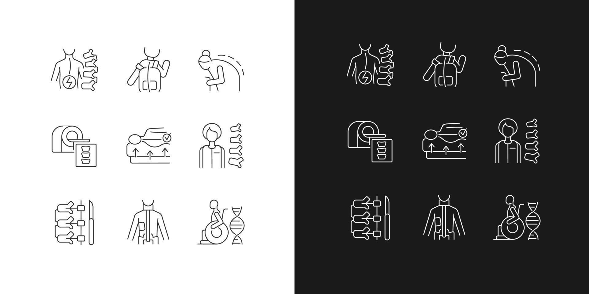 Scoliosis causes linear icons set for dark and light mode. Spine disorder. Spinal column surgical correction. Customizable thin line symbols. Isolated vector outline illustrations. Editable stroke
