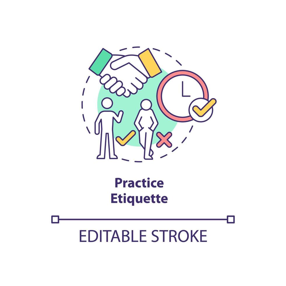 Practice etiquette concept icon. Preparing for job interview abstract idea thin line illustration. Be polite and positive. Watch body language. Vector isolated outline color drawing. Editable stroke