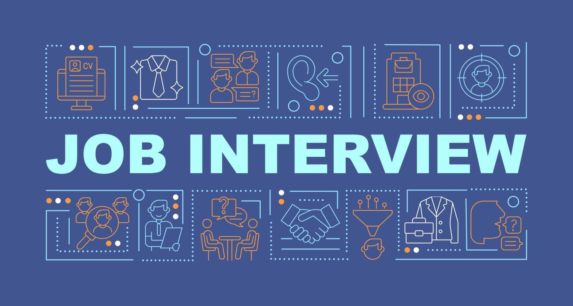 Interview for job position word concepts banner. Writing cv and preparing. Infographics with linear icons on blue background. Isolated creative typography. Vector outline color illustration with text