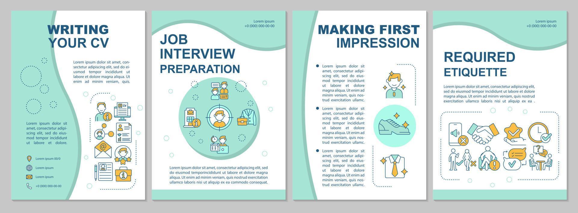 Job position application brochure template. Candidate interviewing. Flyer, booklet, leaflet print, cover design with linear icons. Vector layouts for presentation, annual reports, advertisement pages