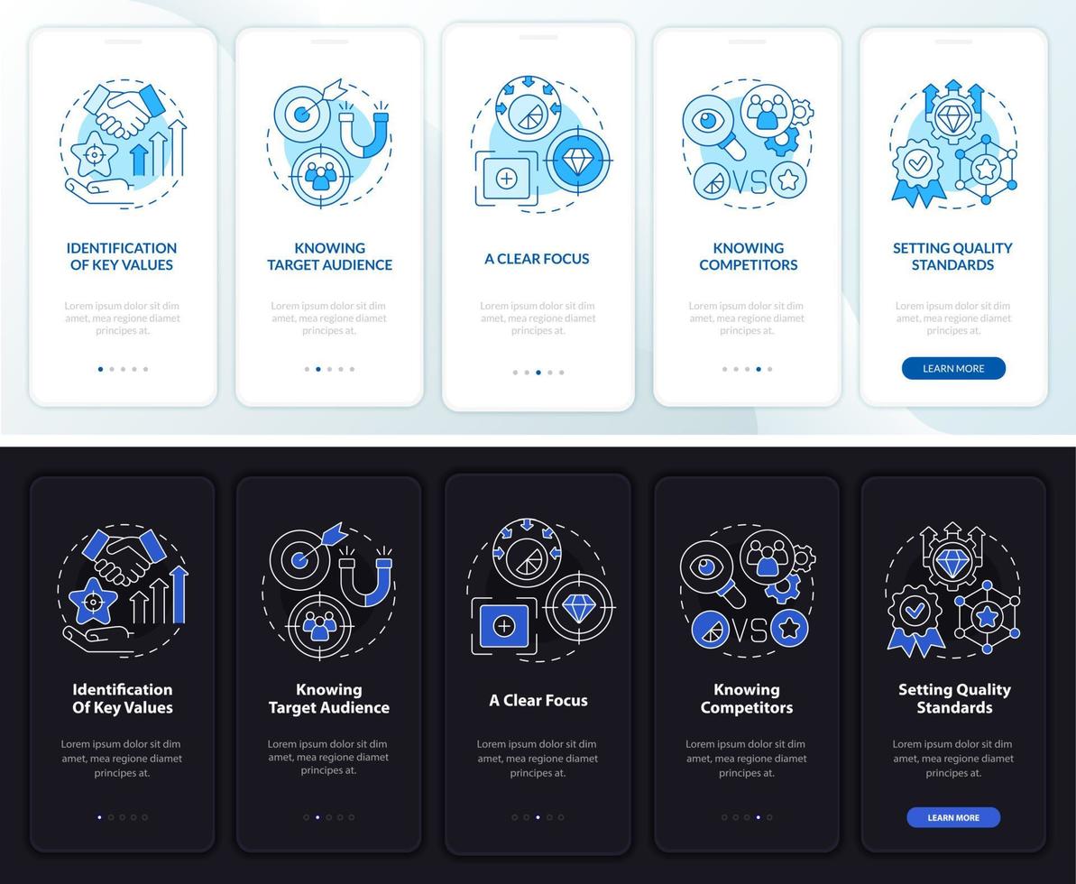 Good brand dark and light onboarding mobile app page screen. Business walkthrough 5 steps graphic instructions with concepts. UI, UX, GUI vector template with night and day mode illustrations