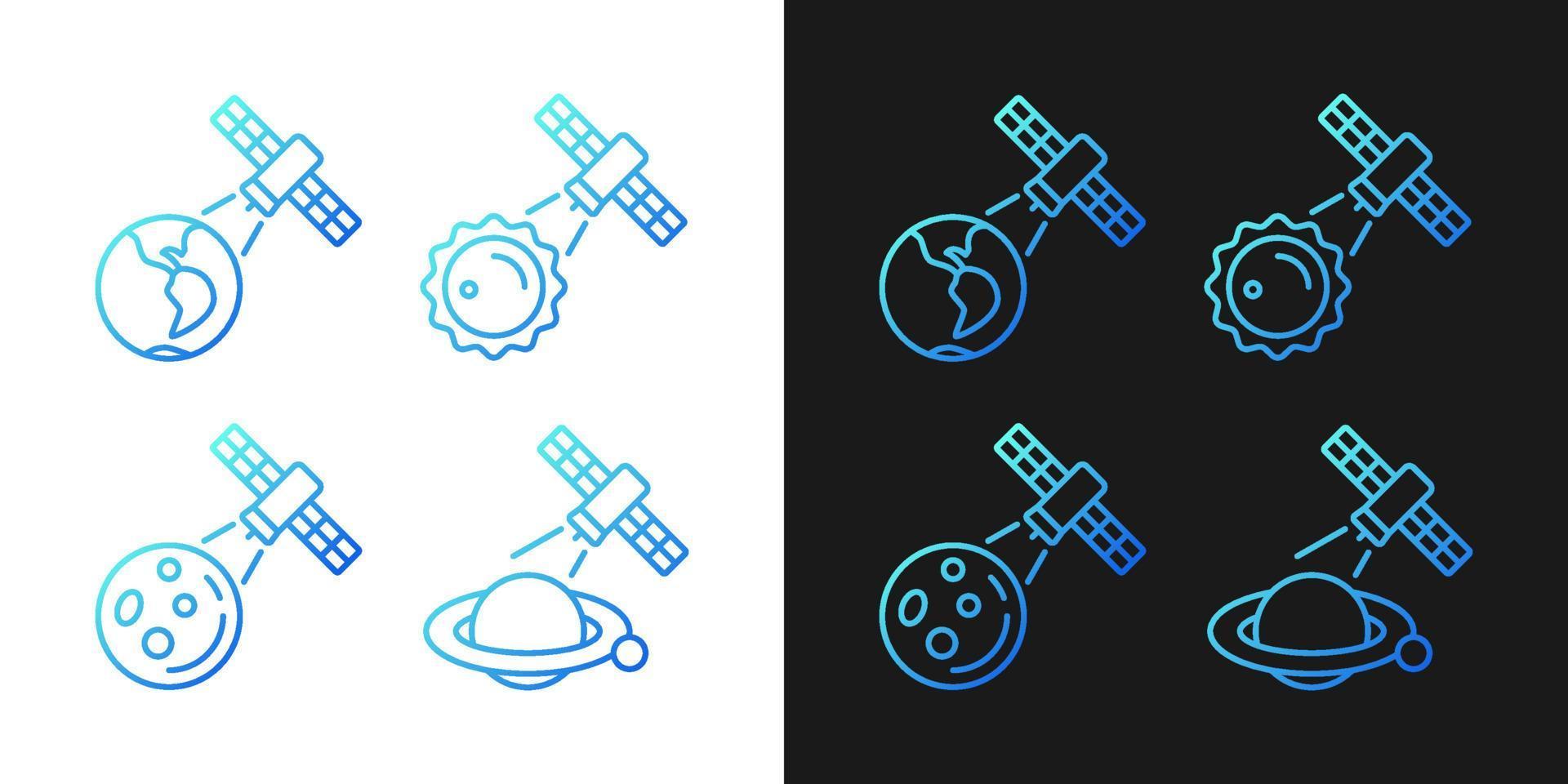 Celestial bodies observation gradient icons set for dark and light mode. Thin line contour symbols bundle. Isolated vector outline illustrations collection on black and white