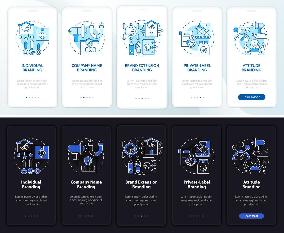 Branding strategies dark and light onboarding mobile app page screen. Business walkthrough 5 steps graphic instructions with concepts. UI, UX, GUI vector template with night and day mode illustrations