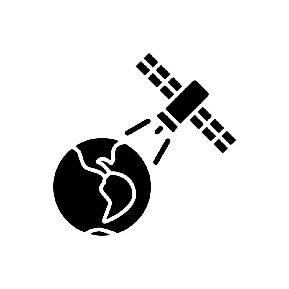 Earth observation process black glyph icon. Terrestial surface investigation by satelite. Meteorological Earth observation system. Silhouette symbol on white space. Vector isolated illustration