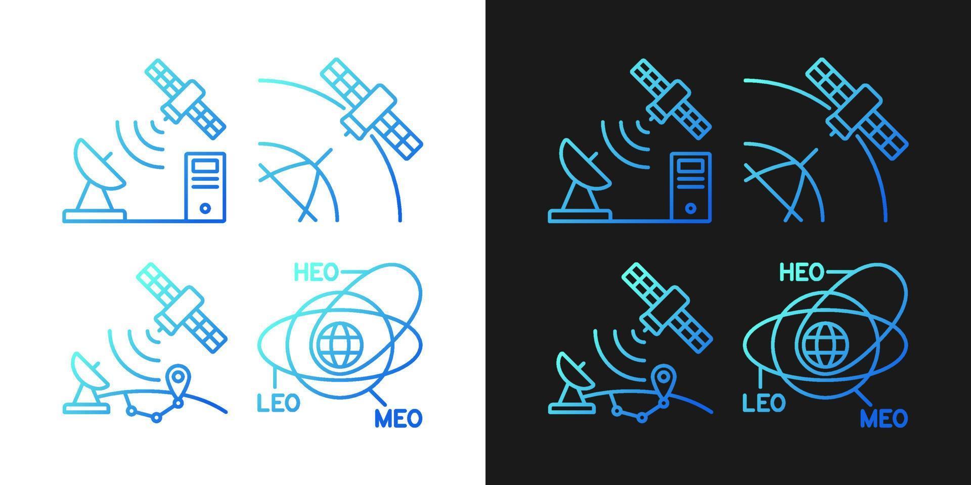 Satellite radionavigation gradient icons set for dark and light mode. Thin line contour symbols bundle. Isolated vector outline illustrations collection on black and white