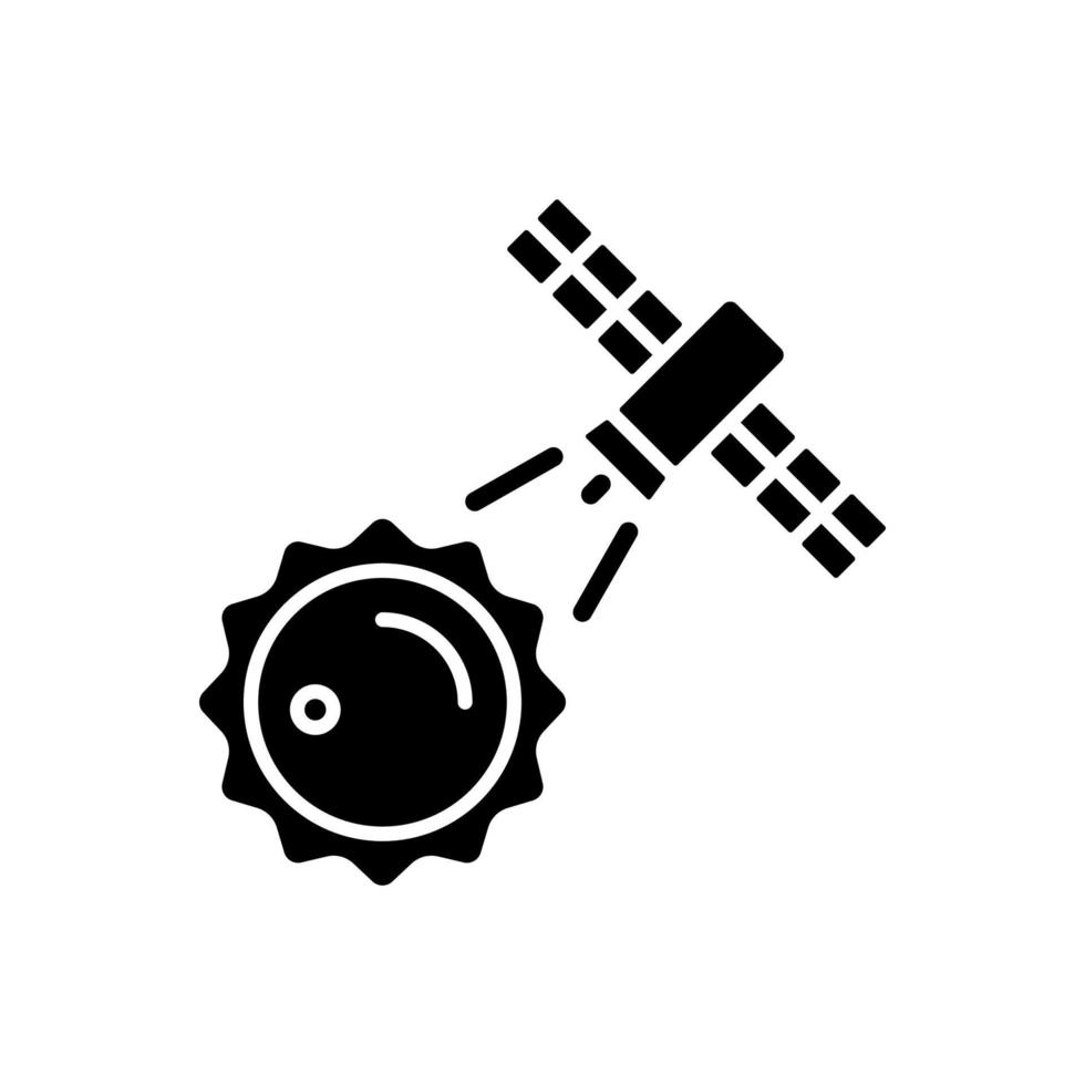 Sun observation process black glyph icon. Interstellar research mission. Heliophysics science investigation perfomance. Silhouette symbol on white space. Vector isolated illustration