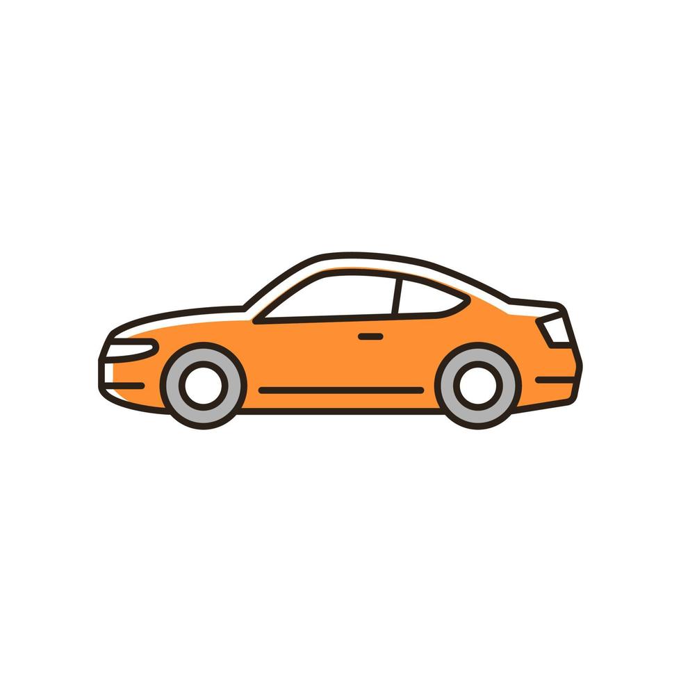 Coupe car RGB color icon. Two-door sports automobile. Performance-oriented vehicle. Fixed roof with two seats. Passenger compartment and trunk. Isolated vector illustration. Simple filled line drawing