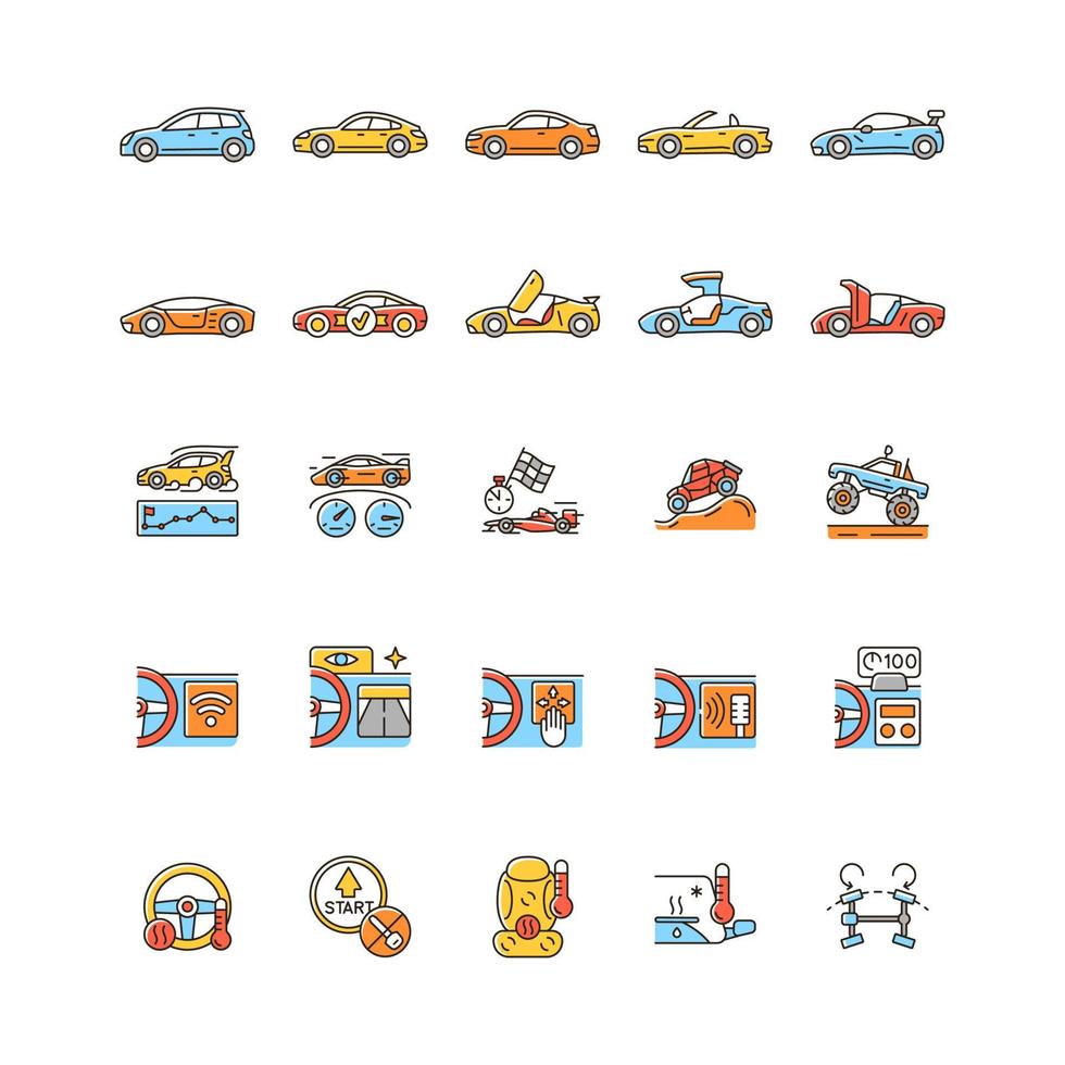 Auto racing RGB color icons set. Driving sports cars. Innovative tech features. Advanced automotive technology. Exterior design. Isolated vector illustrations. Simple filled line drawings collection