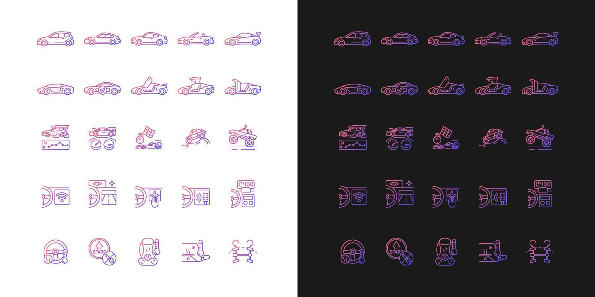 Auto racing gradient icons set for dark and light mode. Advanced automotive technology. Thin line contour symbols bundle. Isolated vector outline illustrations collection on black and white