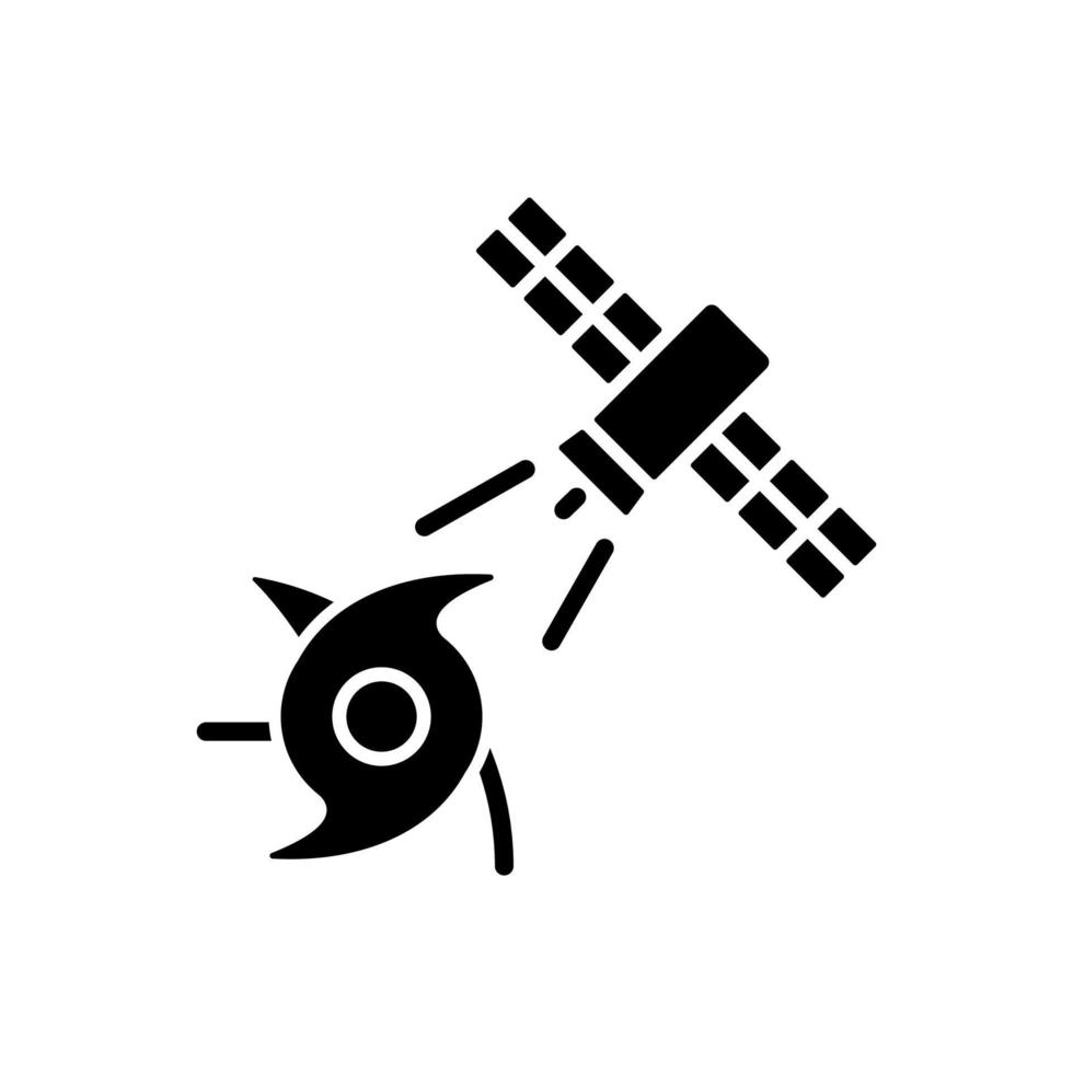Weather and climate monitoring satellite black glyph icon. Climate change investigation. Meteorological Earth observation system. Silhouette symbol on white space. Vector isolated illustration