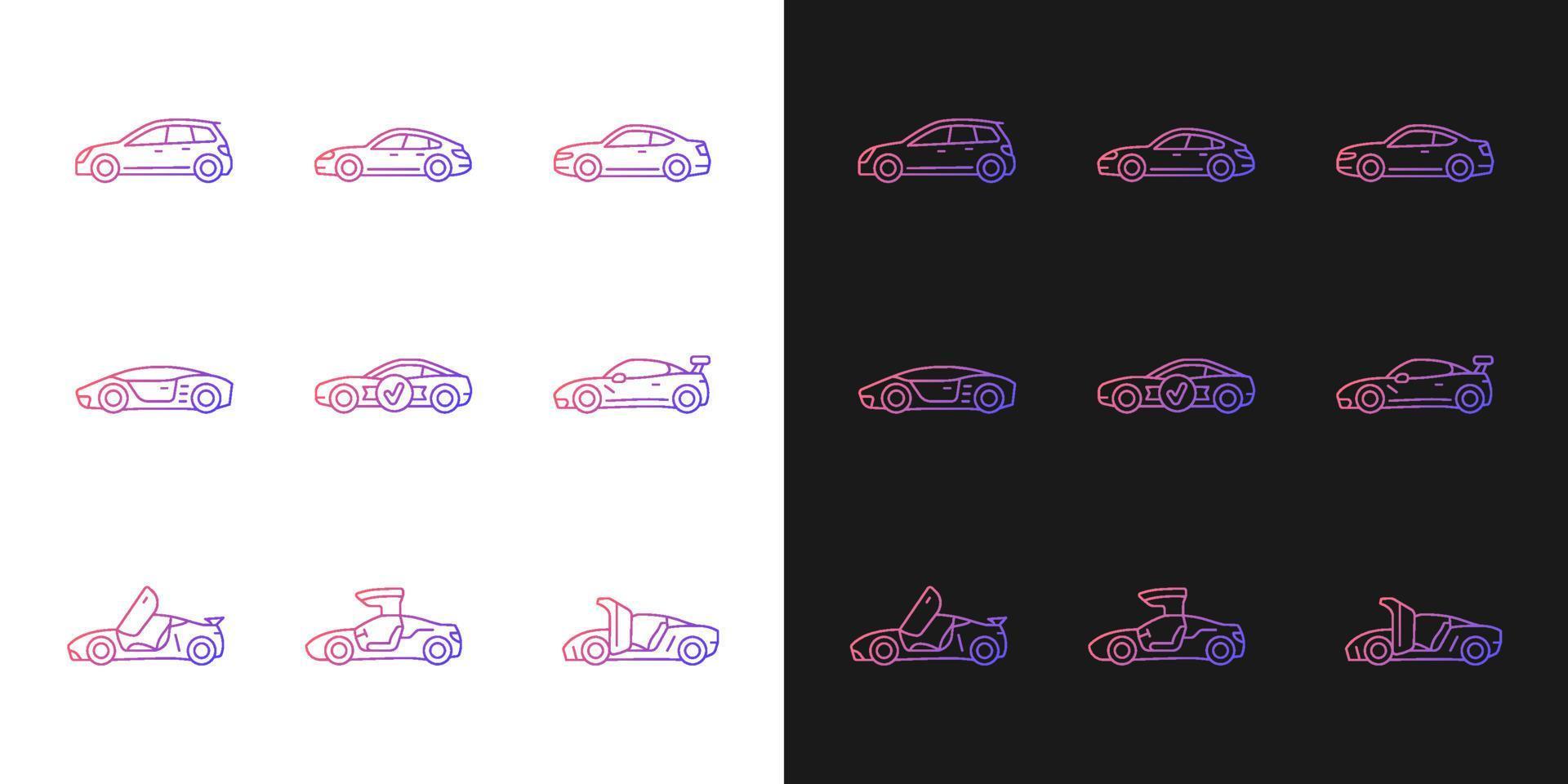 Sports car models gradient icons set for dark and light mode. Non-standard door designs. Thin line contour symbols bundle. Isolated vector outline illustrations collection on black and white