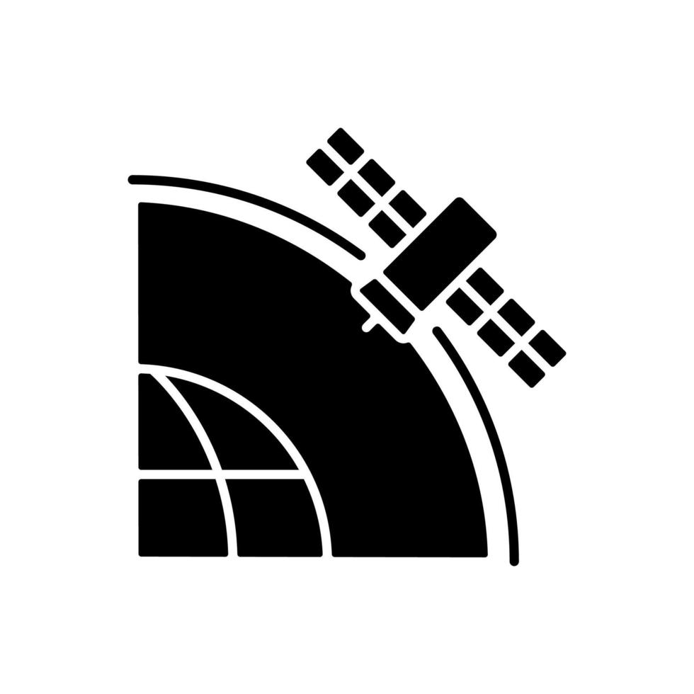 Geostationary Satellite black glyph icon. Rotation of celestial bodies in geostationary orbit. Satellite orbits, trajectories. Silhouette symbol on white space. Vector isolated illustration