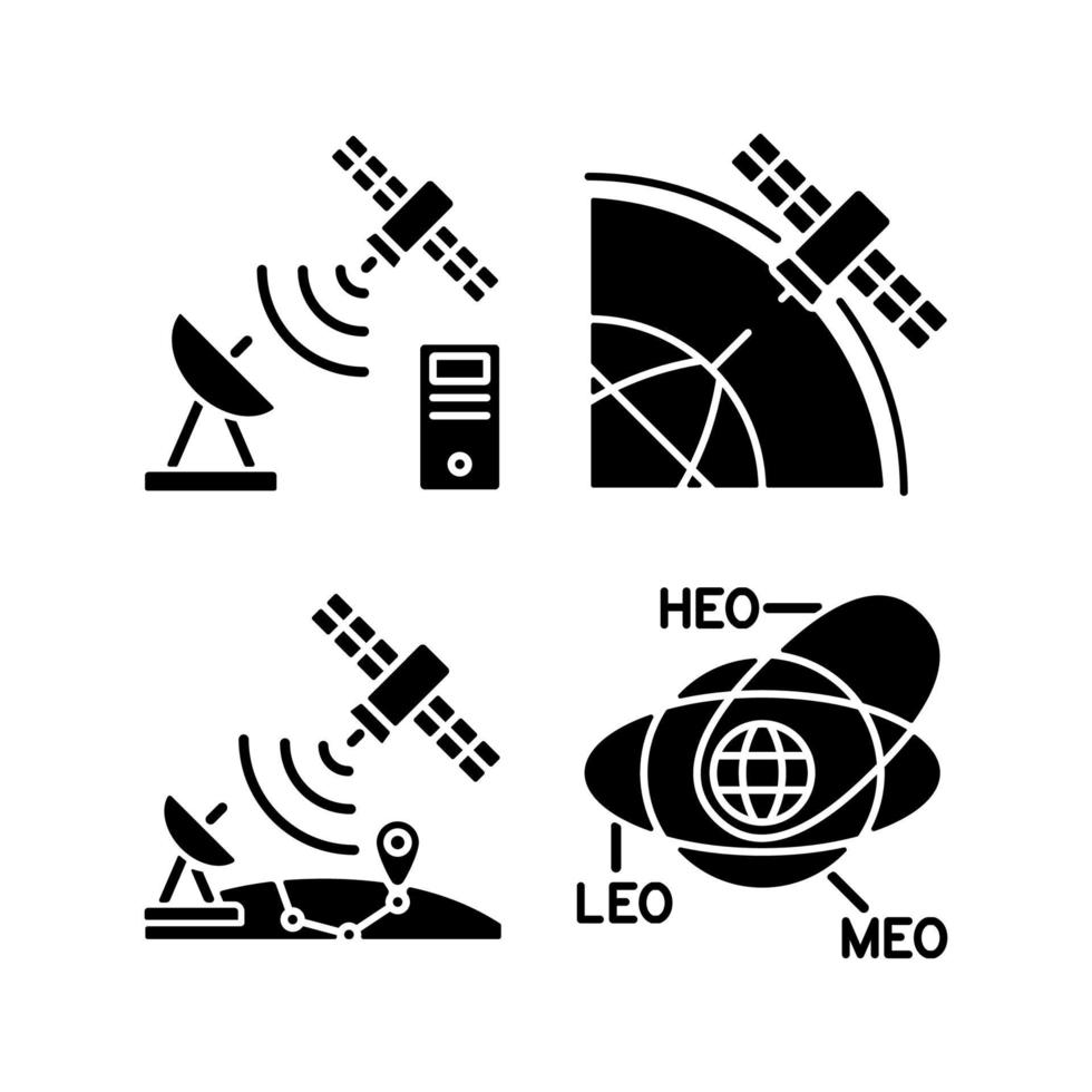 iconos de glifo negro de radionavegación por satélite establecidos en el espacio en blanco. órbitas de los satélites, trayectorias. Estándares de protocolo de control de transmisión. símbolos de silueta. ilustración vectorial aislada vector