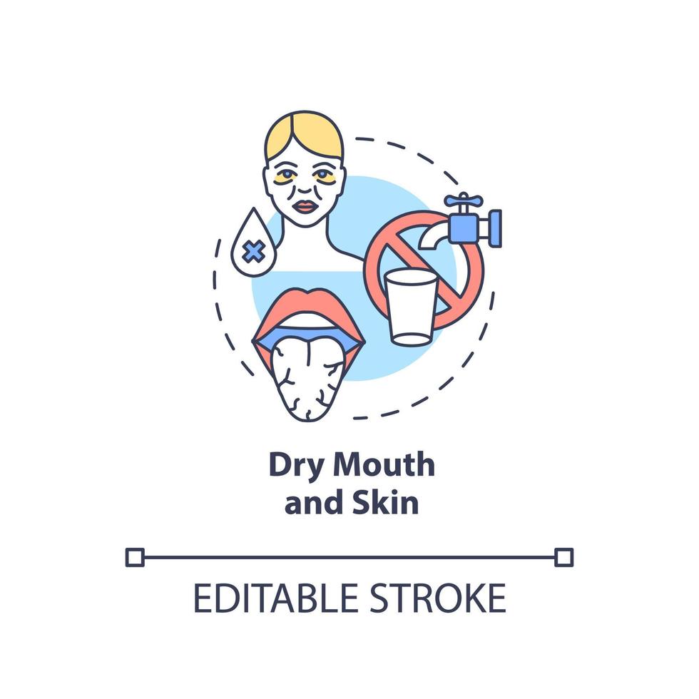 Dry mouth and skin concept icon. Dehydration symptom. Saliva deficiency. Body fluid loss abstract idea thin line illustration. Vector isolated outline color drawing. Editable stroke