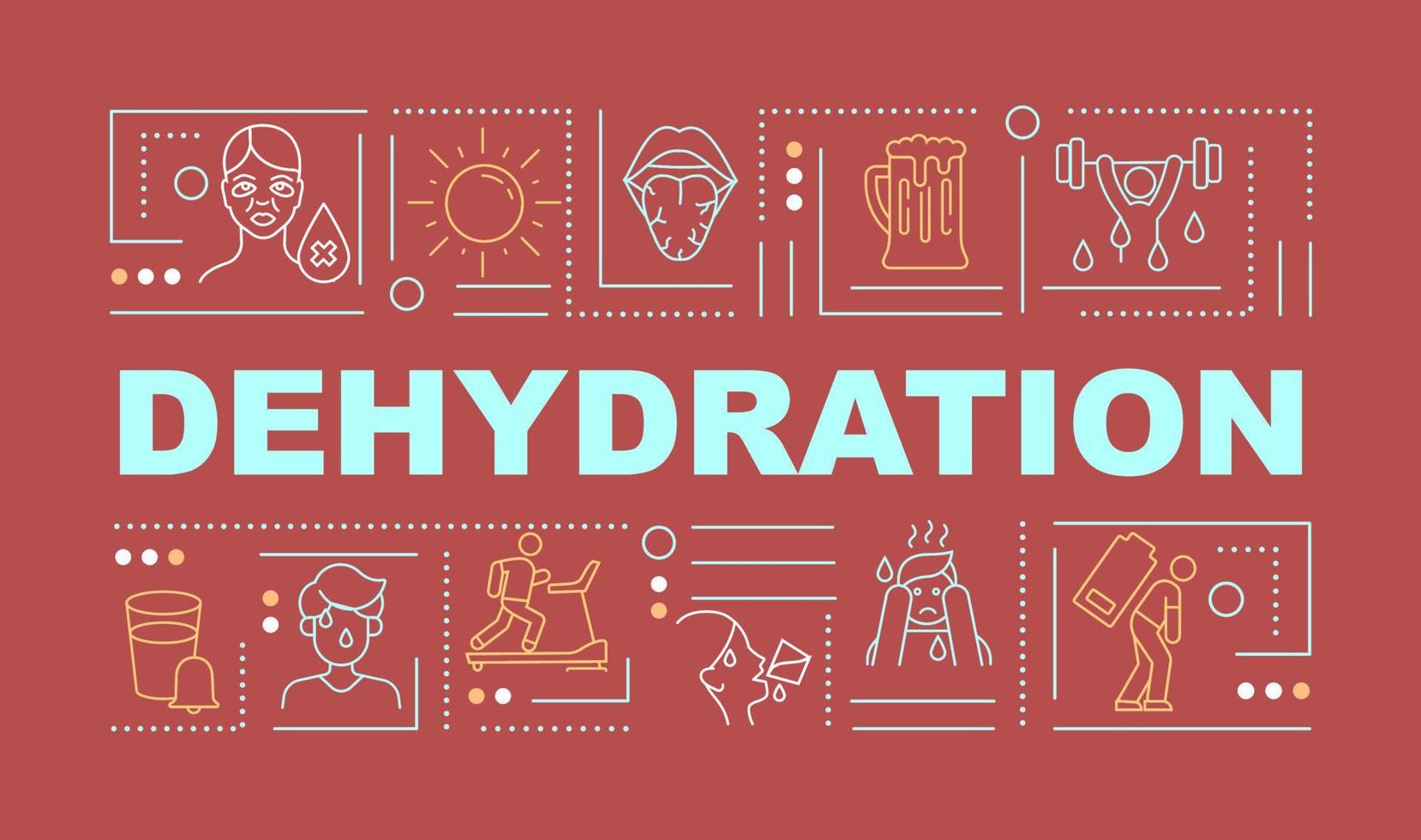 Dehydration signs word concepts banner. Water loss symptom and prevention. Infographics with linear icons on red background. Isolated creative typography. Vector outline color illustration with text