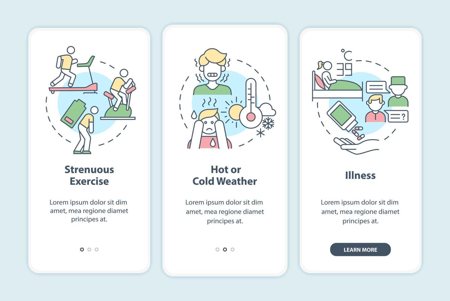 Increased fluid consumption onboarding mobile app page screen. Rehydration walkthrough 3 steps graphic instructions with concepts. UI, UX, GUI vector template with linear color illustrations