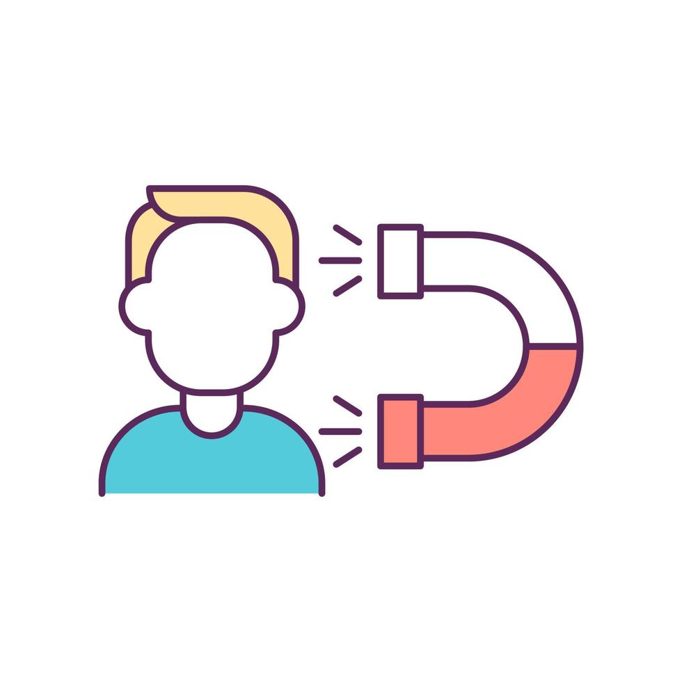 Person magnet RGB color icon. Things that attract people. Desire to obtain new things. Attracting new customer. Excessive spending. Isolated vector illustration. Simple filled line drawing