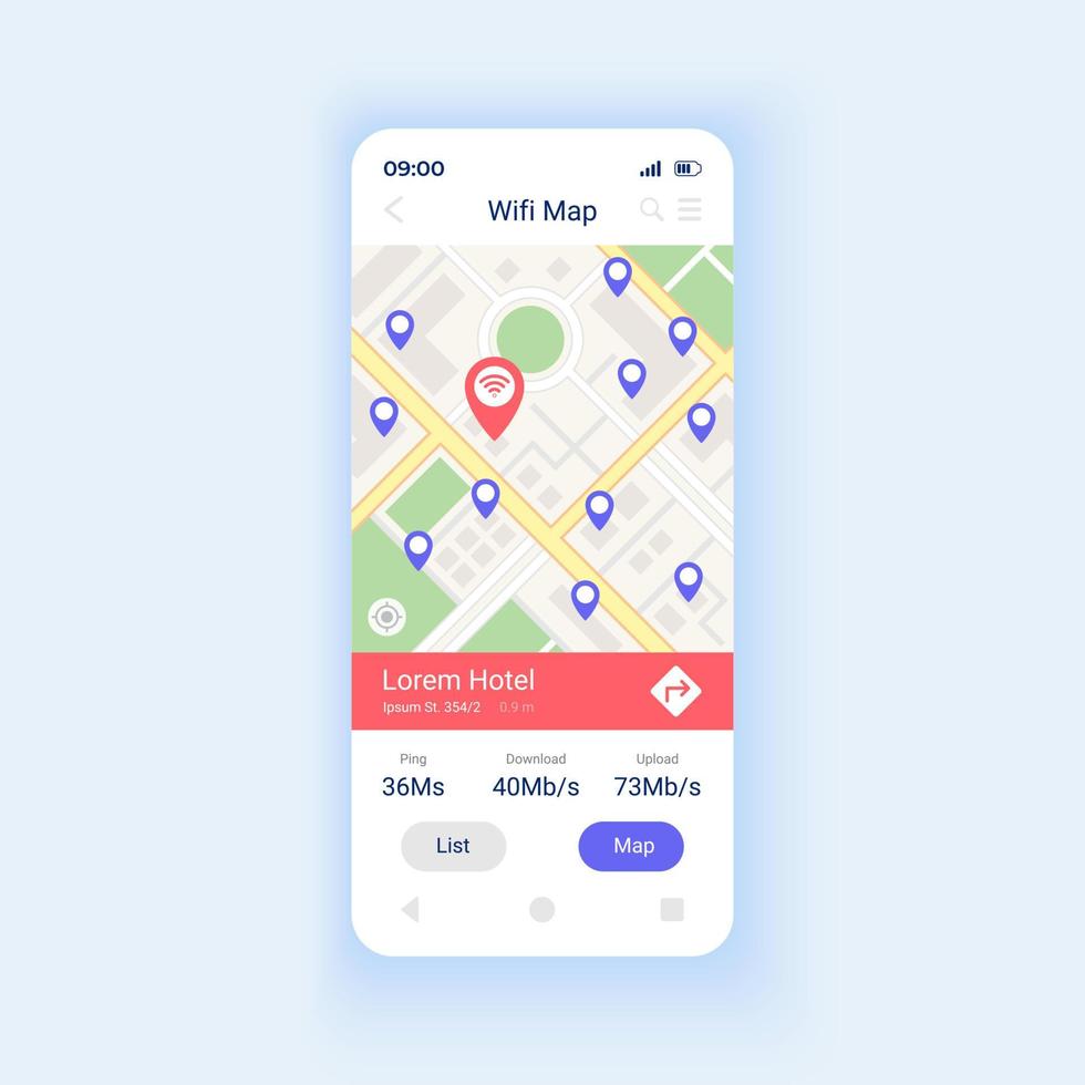 Wifi map smartphone interface vector template. Mobile app page design layout. Interner acess point around world. Wi Fi connection zone screen. Flat UI for application. Phone display