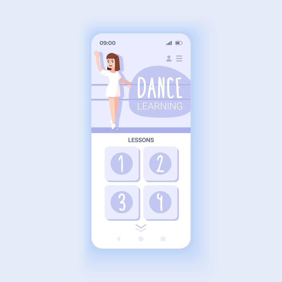 plantilla de vector de interfaz de teléfono inteligente de aplicación de aprendizaje de baile. diseño de página de aplicación móvil. instrucciones paso a paso. Pantalla de clases de baile en línea. interfaz de usuario plana para la aplicación. pantalla del teléfono