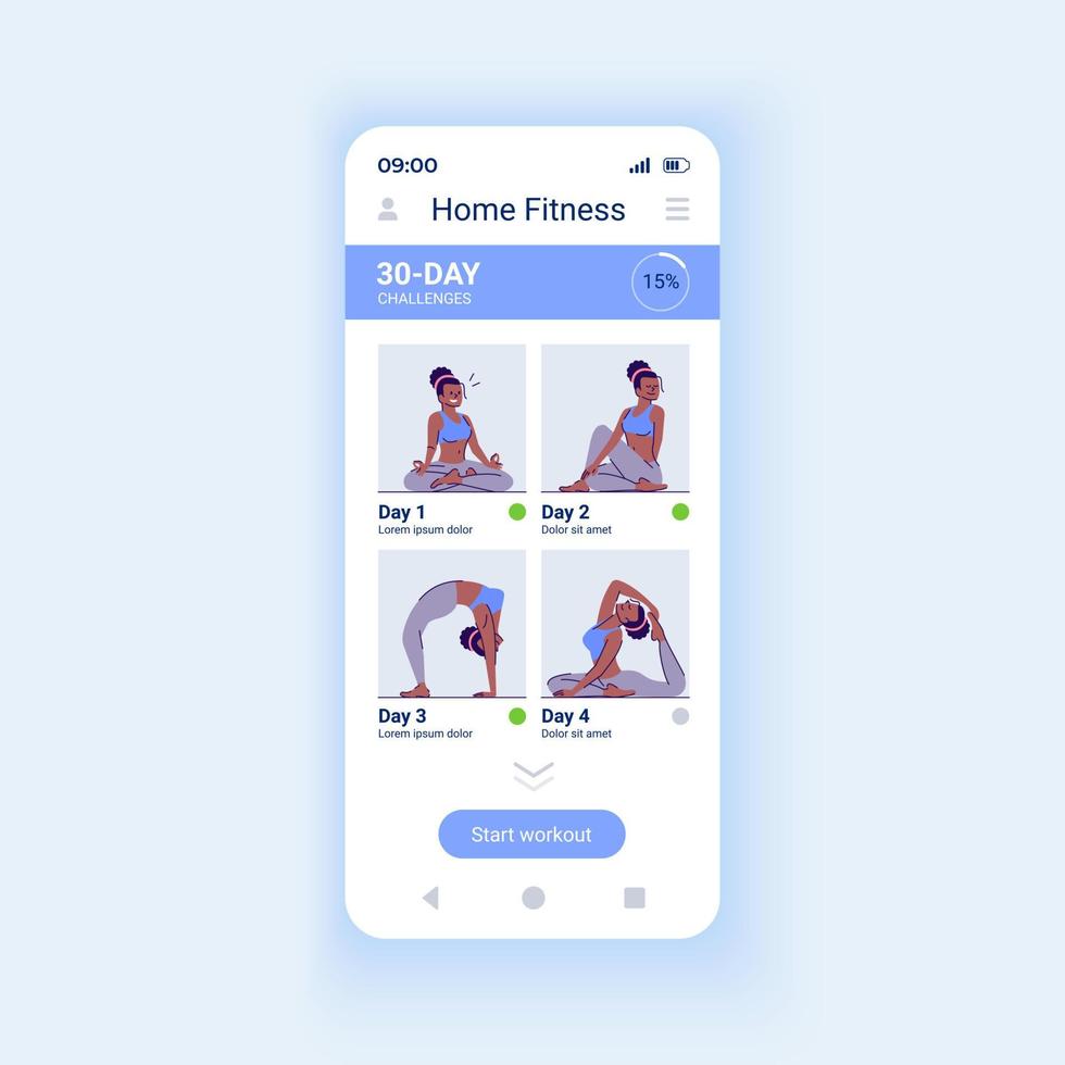 Home fitness app smartphone interface vector template. Mobile app page design layout. Workout schedule. Online fitness challenge plan screen. Flat UI for application. Phone display