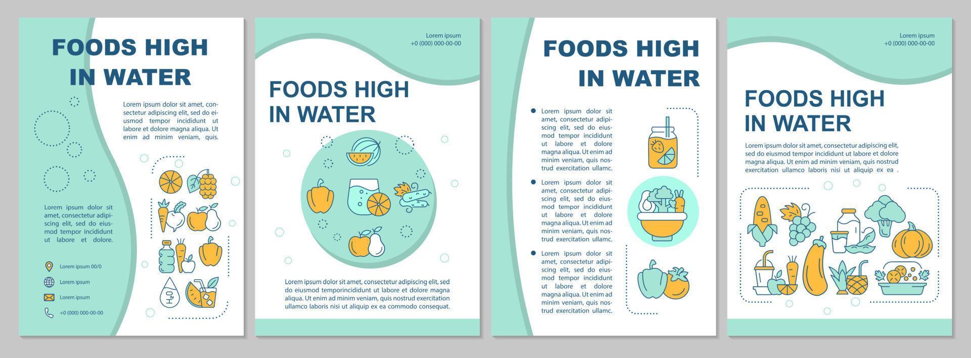 Foods high in water blue brochure template. Fruits, vegetables. Flyer, booklet, leaflet print, cover design with linear icons. Vector layouts for presentation, annual reports, advertisement pages