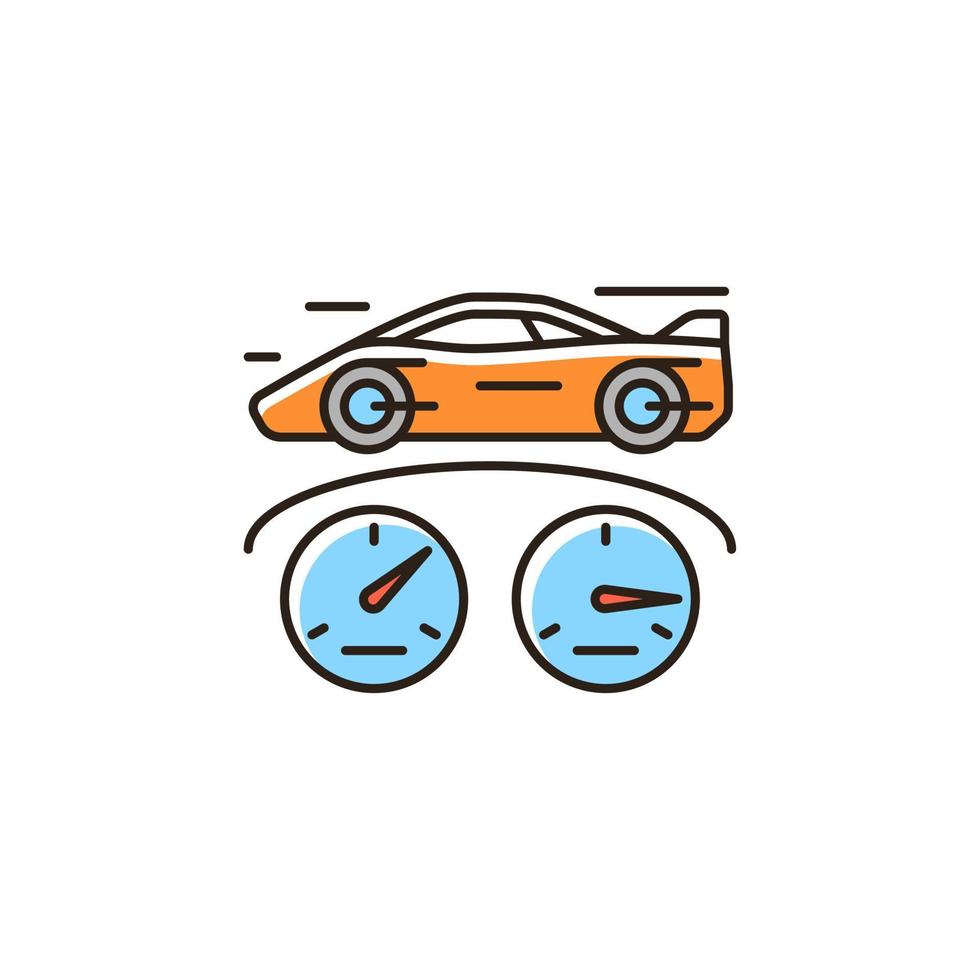 Top speed RGB color icon. Sports car racing. Detecting vehicle speed. Professional automobile sport. Testing car limits. Checking speedometer. Isolated vector illustration. Simple filled line drawing