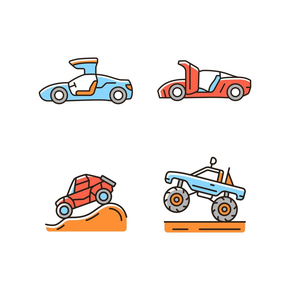 Driving specially-modified vehicles RGB color icons set. Hinge mechanism. Off road racing. Monster truck. Auto with falcon doors. Isolated vector illustrations. Simple filled line drawings collection