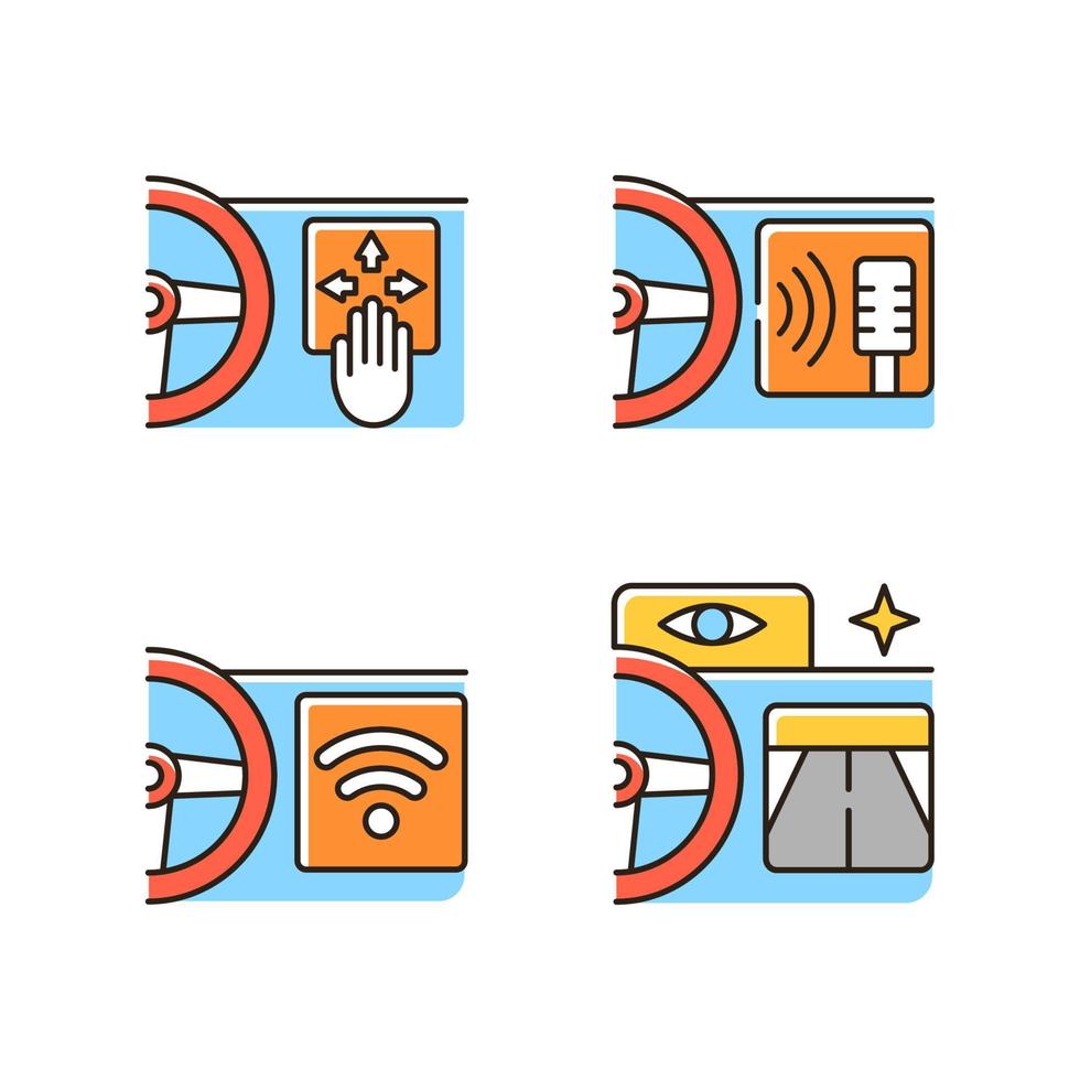 Advanced car technologies RGB color icons set. Gesture control. Digital voice assistance. Built in wifi hotspot. Night vision. Isolated vector illustrations. Simple filled line drawings collection