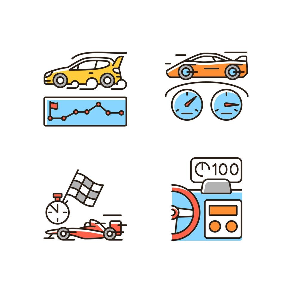 Automobiles racing for competition RGB color icons set. Rallying event. Test car limits. Professional motorsport. Head up display. Isolated vector illustrations. Simple filled line drawings collection