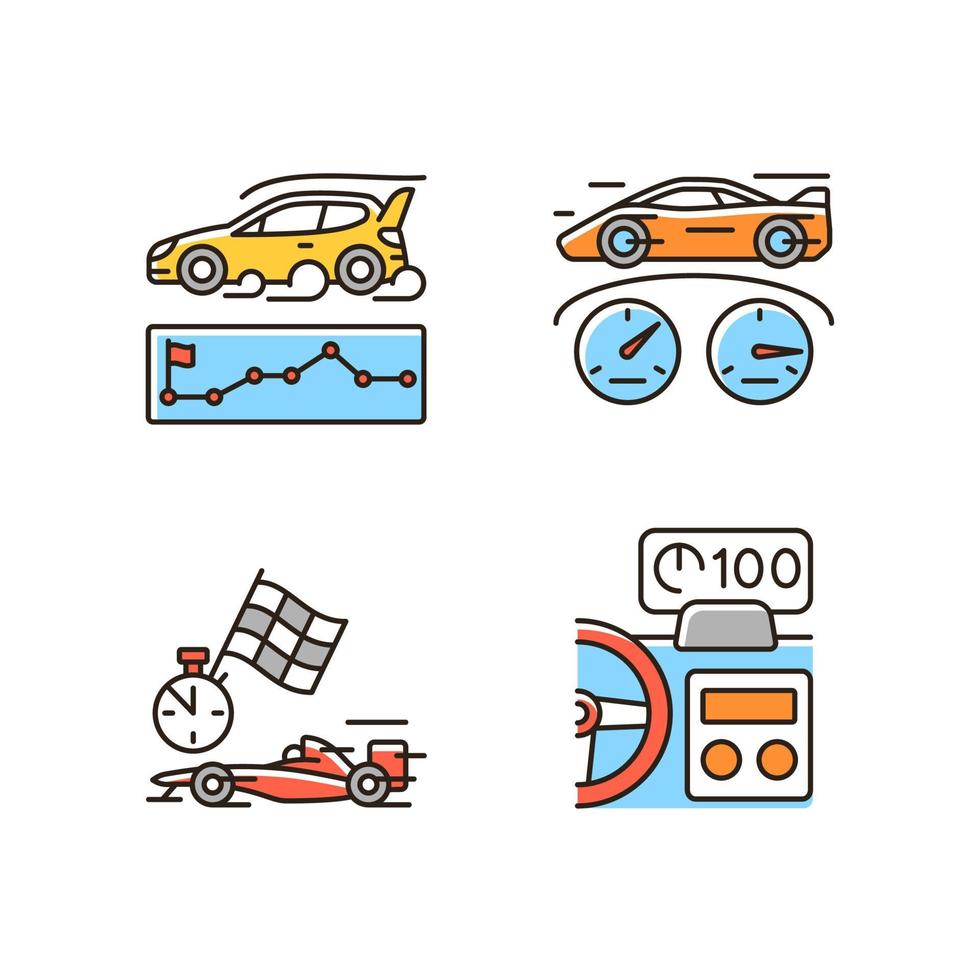 carreras de automóviles para la competencia conjunto de iconos de color rgb. evento de reunión. Límites del coche de prueba. automovilismo profesional. encabezar pantalla. ilustraciones vectoriales aisladas. colección de dibujos de líneas rellenas simples vector