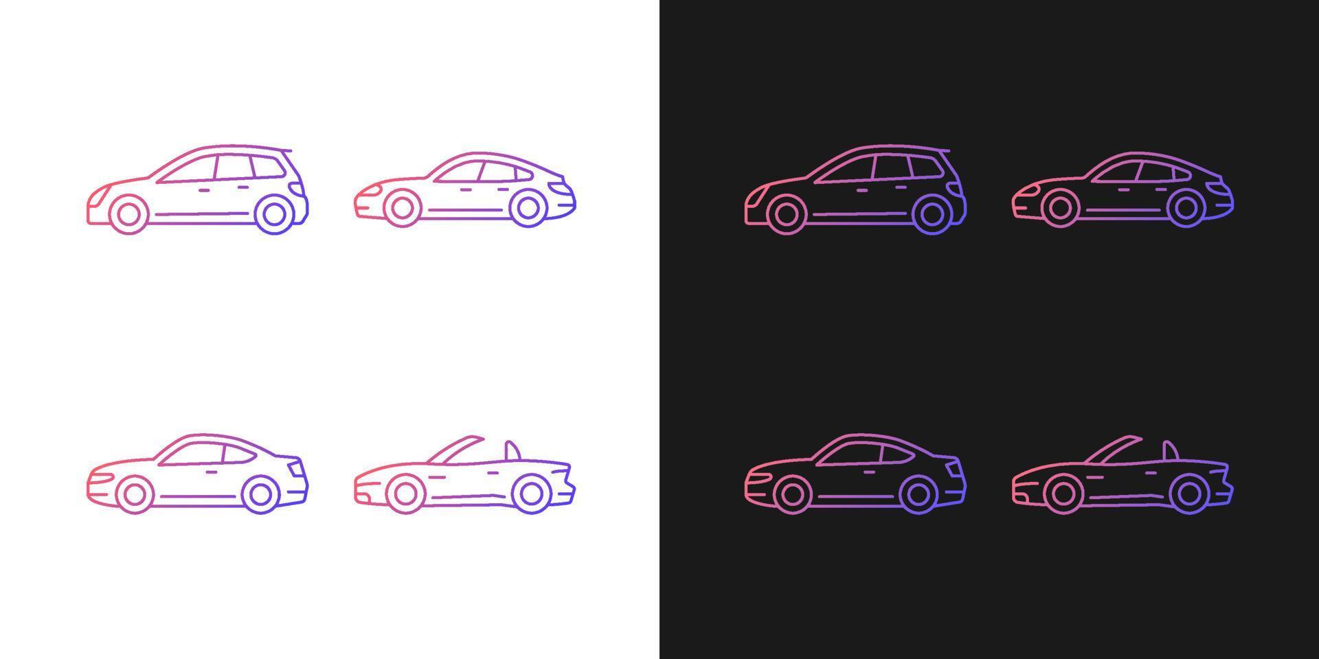 Practical sports cars gradient icons set for dark and light mode. Hatchback model. Sports sedan. Thin line contour symbols bundle. Isolated vector outline illustrations collection on black and white