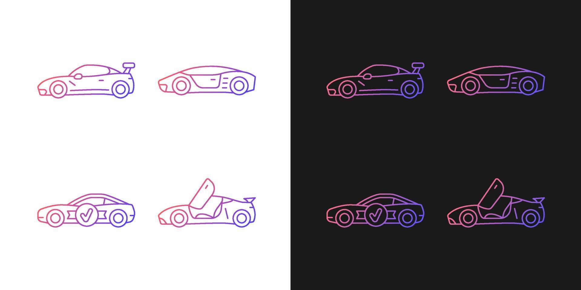 Race car models gradient icons set for dark and light mode. High-rated professional auto. Thin line contour symbols bundle. Isolated vector outline illustrations collection on black and white