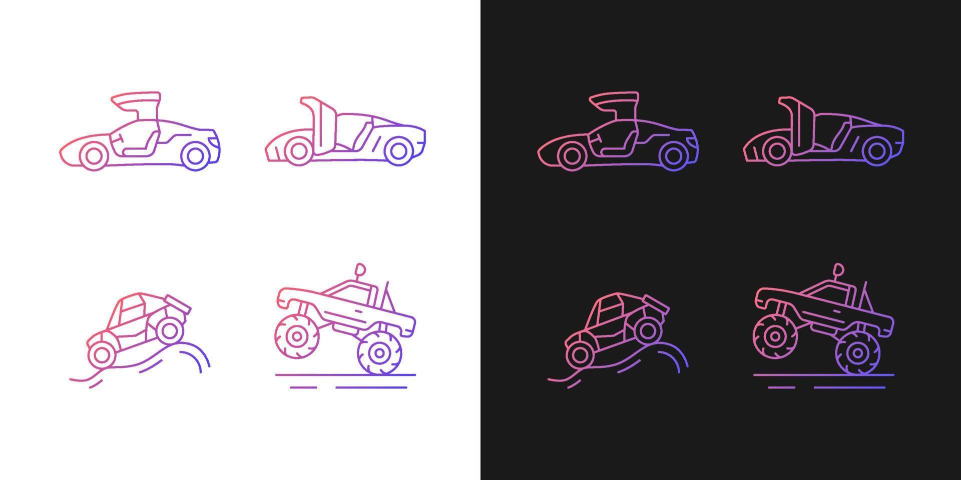 Driving specially-modified vehicles gradient icons set for dark and light mode. Hinge mechanism. Thin line contour symbols bundle. Isolated vector outline illustrations collection on black and white