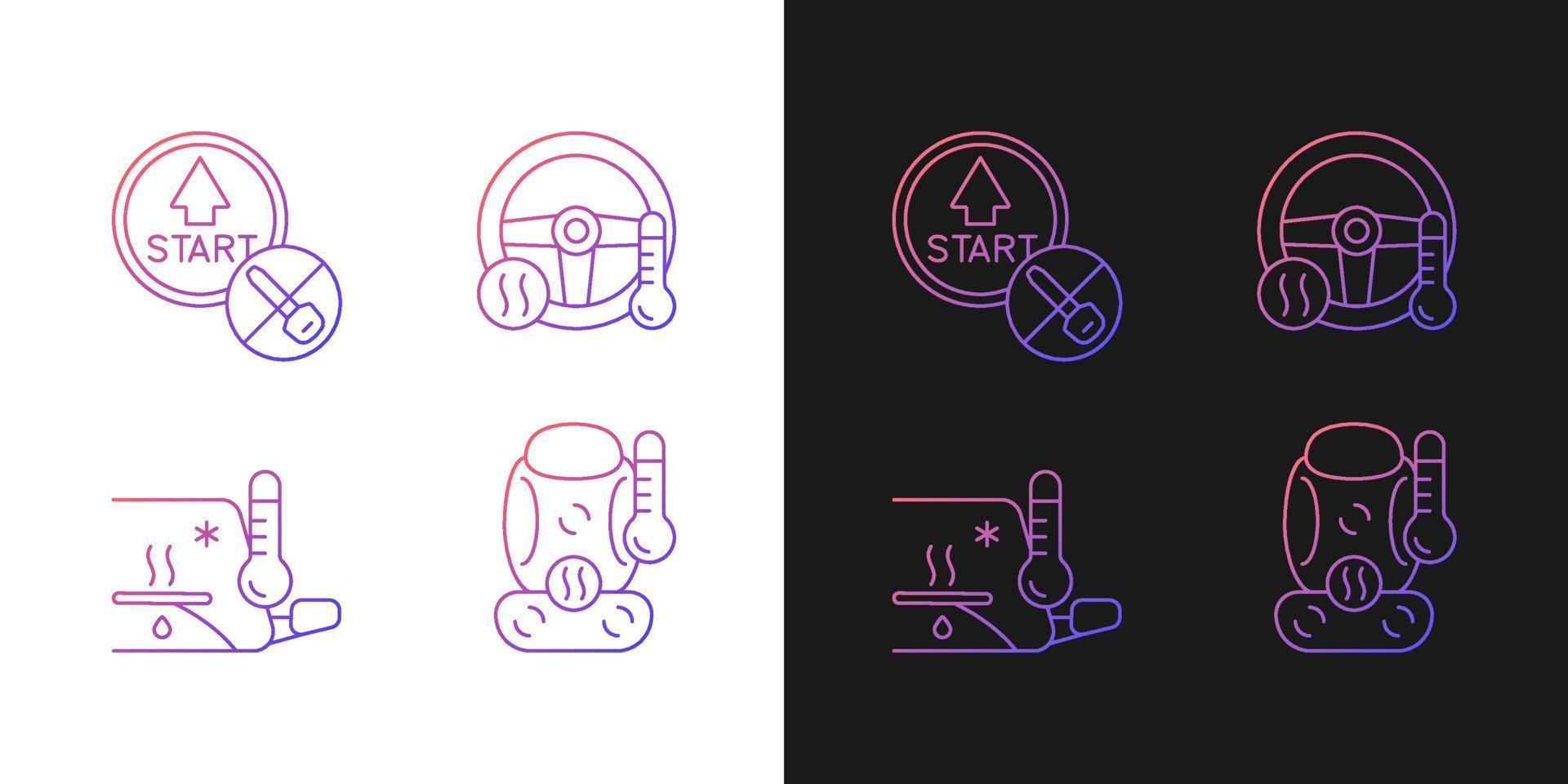 Modern automotive features gradient icons set for dark and light mode. Provide comfort to driver. Thin line contour symbols bundle. Isolated vector outline illustrations collection on black and white