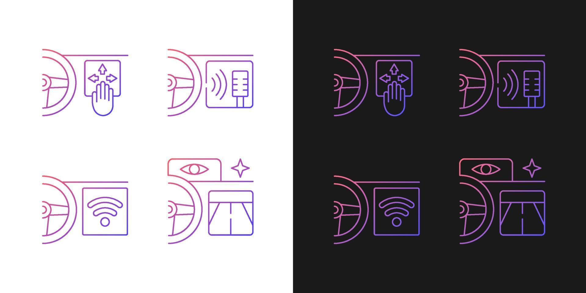 Advanced car technologies gradient icons set for dark and light mode. Built in features. Thin line contour symbols bundle. Isolated vector outline illustrations collection on black and white