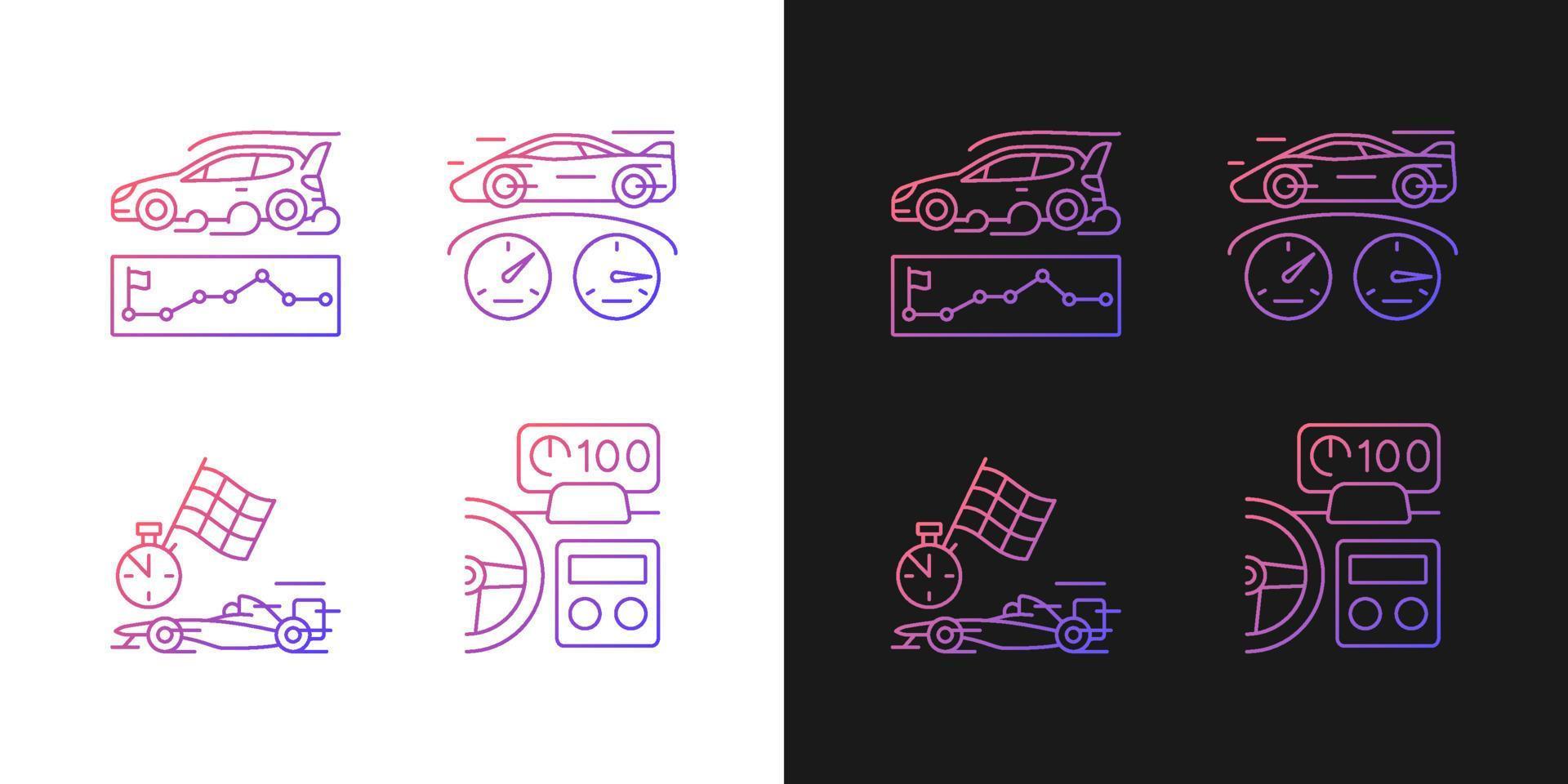 Automobiles racing for competition gradient icons set for dark and light mode. Rallying event. Thin line contour symbols bundle. Isolated vector outline illustrations collection on black and white